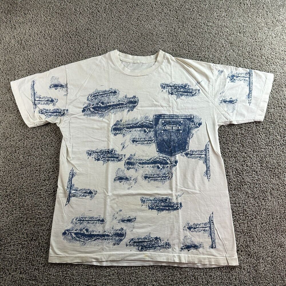 VTG International Sportswear Shirt Mens L White Blue AOP Western Single Stitch*